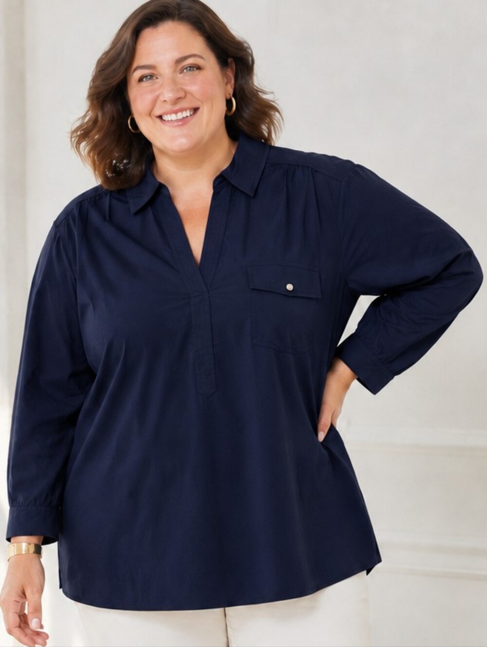 NWT J.Jill Shirred Cotton Stretch Long Sleeve Top Navy 4X